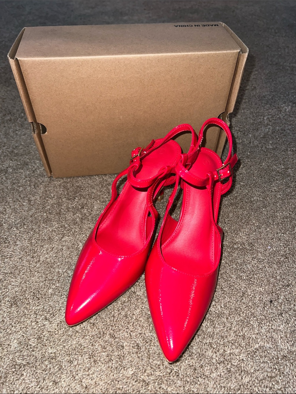 Coutgo Women’s High Heel Pointed Toe Ankle Strap Pumps in Red